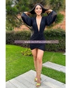 MINI DRESS MESH LINED MANGA LARGA ESCOTE V CON HOMBRERAS