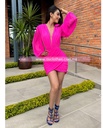MINI DRESS MESH LINED MANGA LARGA ESCOTE V CON HOMBRERAS