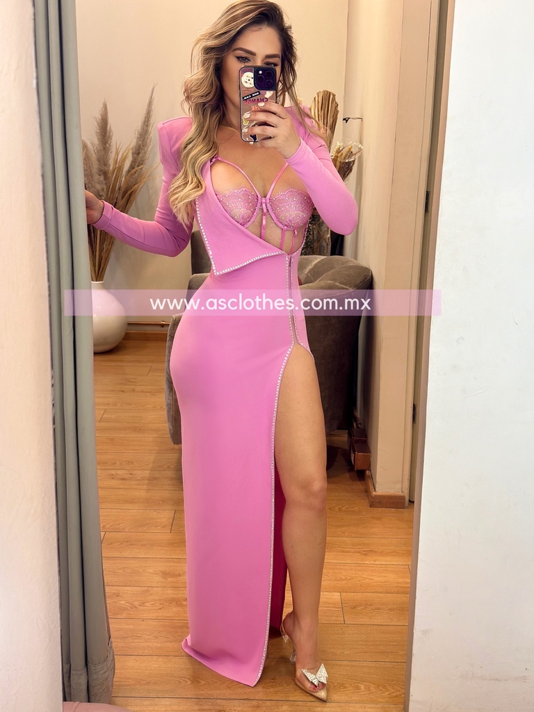 MAXI DRESS CON CORSET ENCAJE Y PIEDRAS