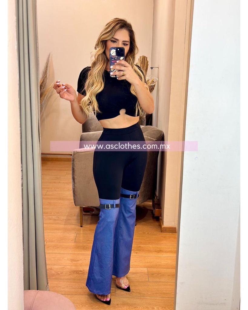PANTALON COMBINADO MEZCLILLA/NEG CON CINTILLO EN RODILLAS