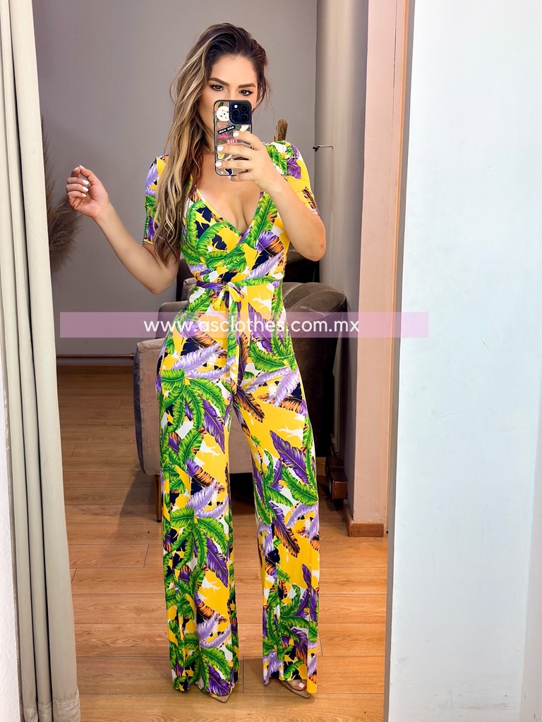 PALAZZO MANGA CORTA ESCOTE V CON CINTO PRINT HOJAS