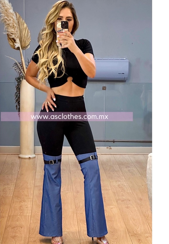 PANTALON COMBINADO MEZCLILLA/NEG CON CINTILLO EN RODILLAS