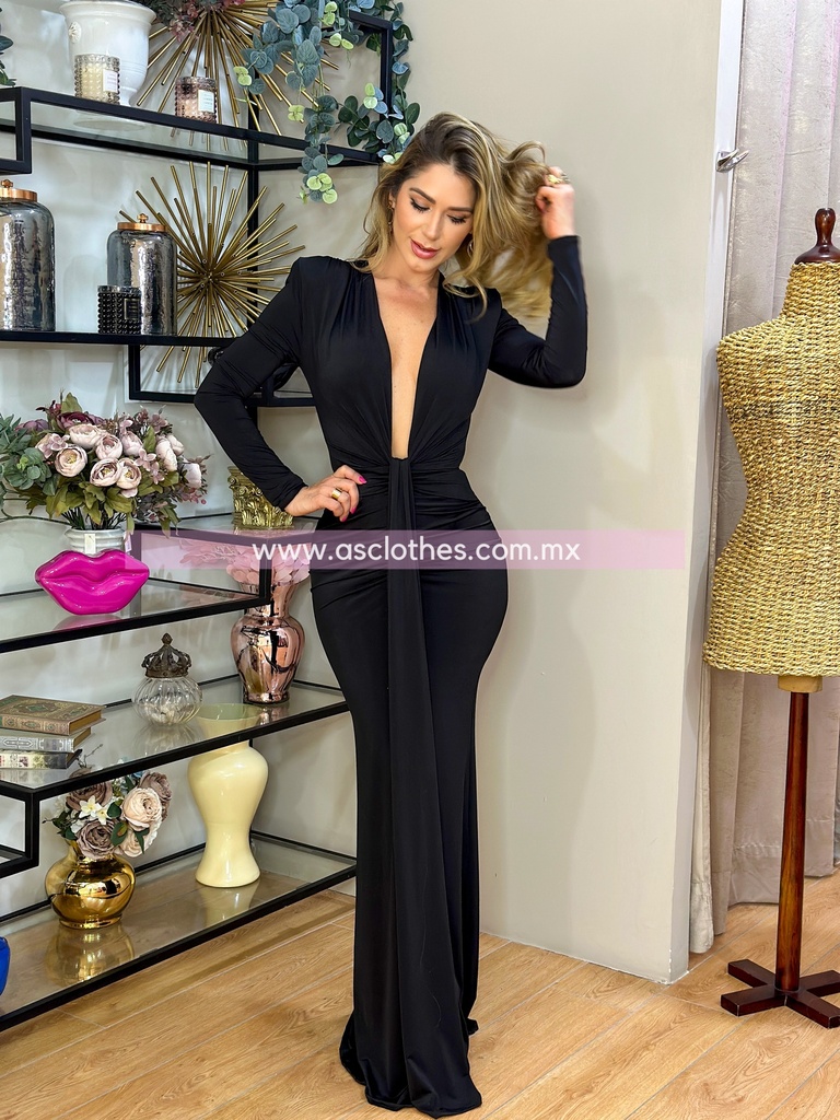 MAXI DRESS MANGA LARGA ESCOTE V DRAPEADO