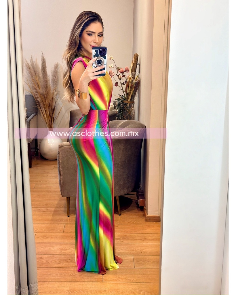 MAXI DRESS ONDAS ESCOTE V MULTICOLOR