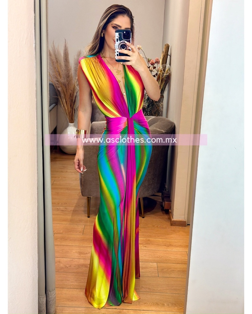MAXI DRESS ONDAS ESCOTE V MULTICOLOR