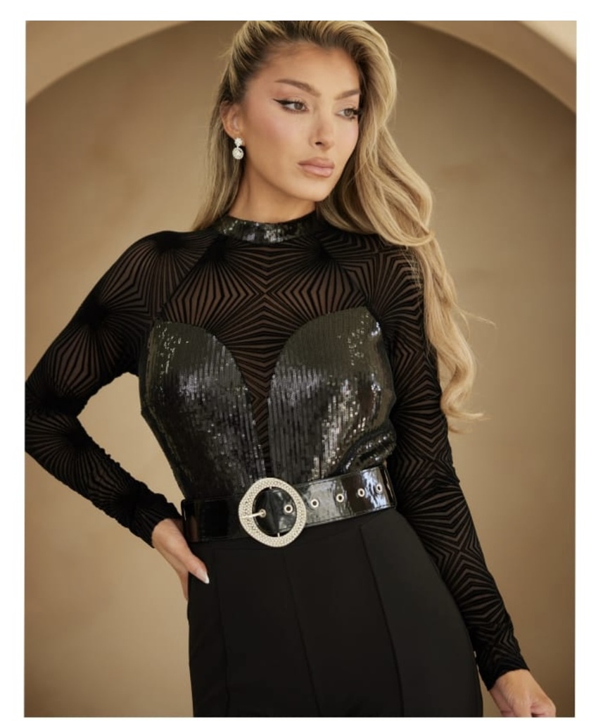PALAZZO MANGA LARGA CON CUELLO ALTO LENTEJUELA