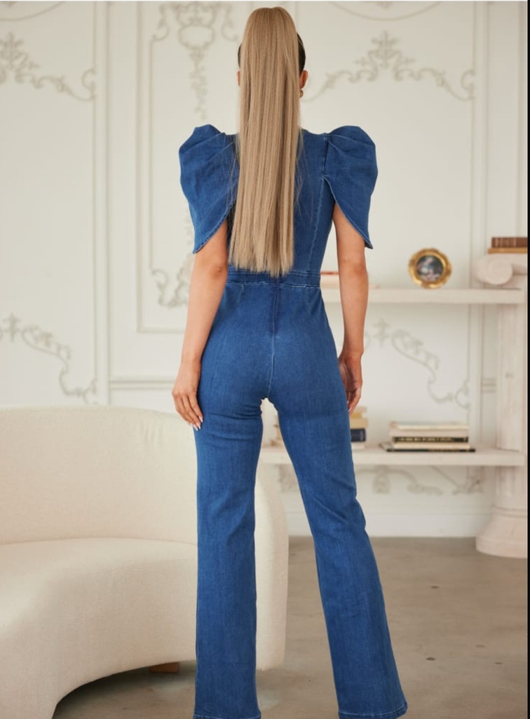 PALAZZO DENIM CON HEBILLAS AL FRENTE Y PUFF HOMBROS