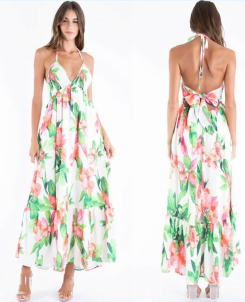 MAXI DRESS FLORAL MOÑO ATRAS