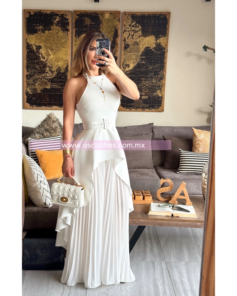 TRAJE PANTALON PLISADO Y BLUSA LARGA HALTER CON CINTO