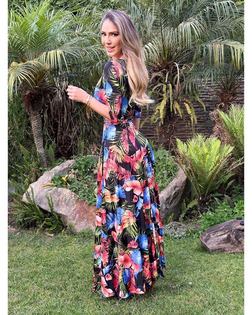 MAXI DRESS ESCOTE CRUZADO PRINT HOJAS Y CINTILLO