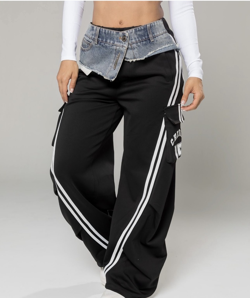 PANTALON BOMBACHO ALTO DE CINTURA CON MEZCLILLA