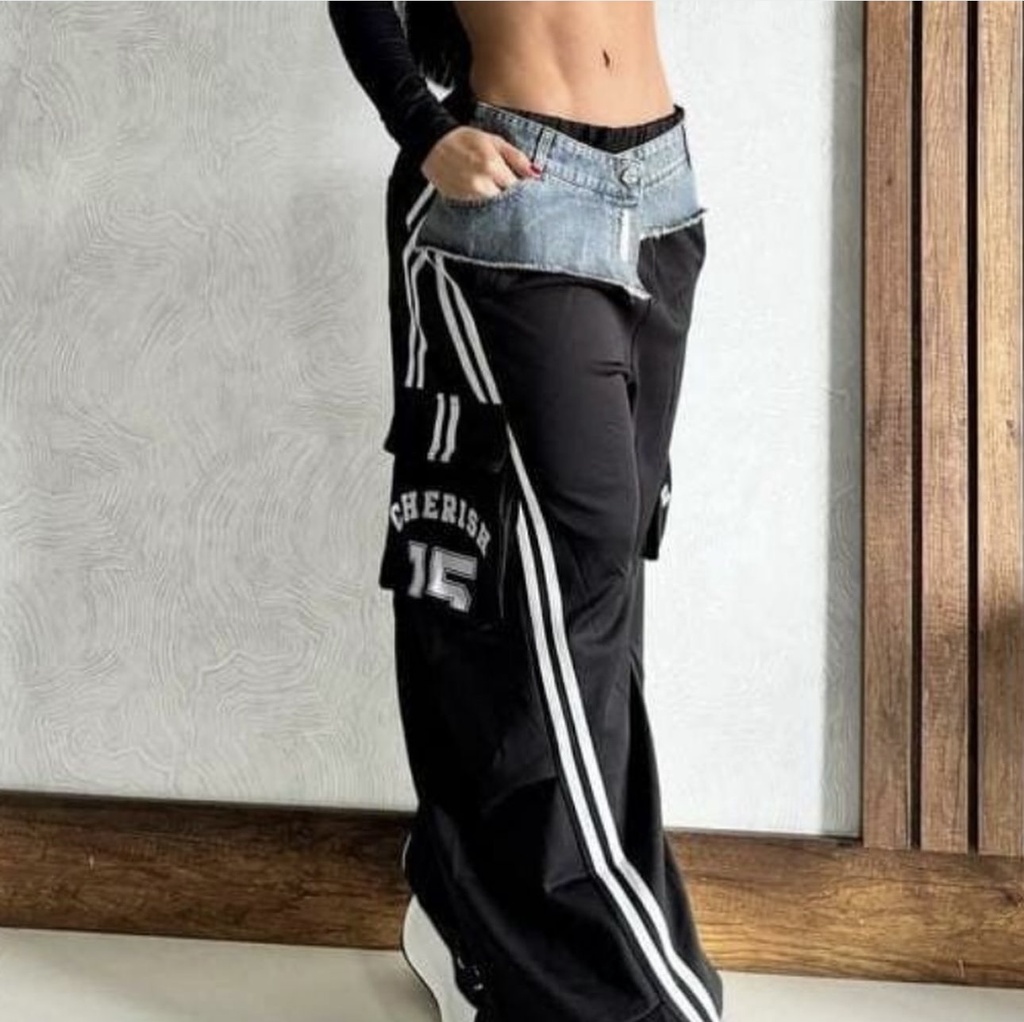 PANTALON BOMBACHO ALTO DE CINTURA CON MEZCLILLA