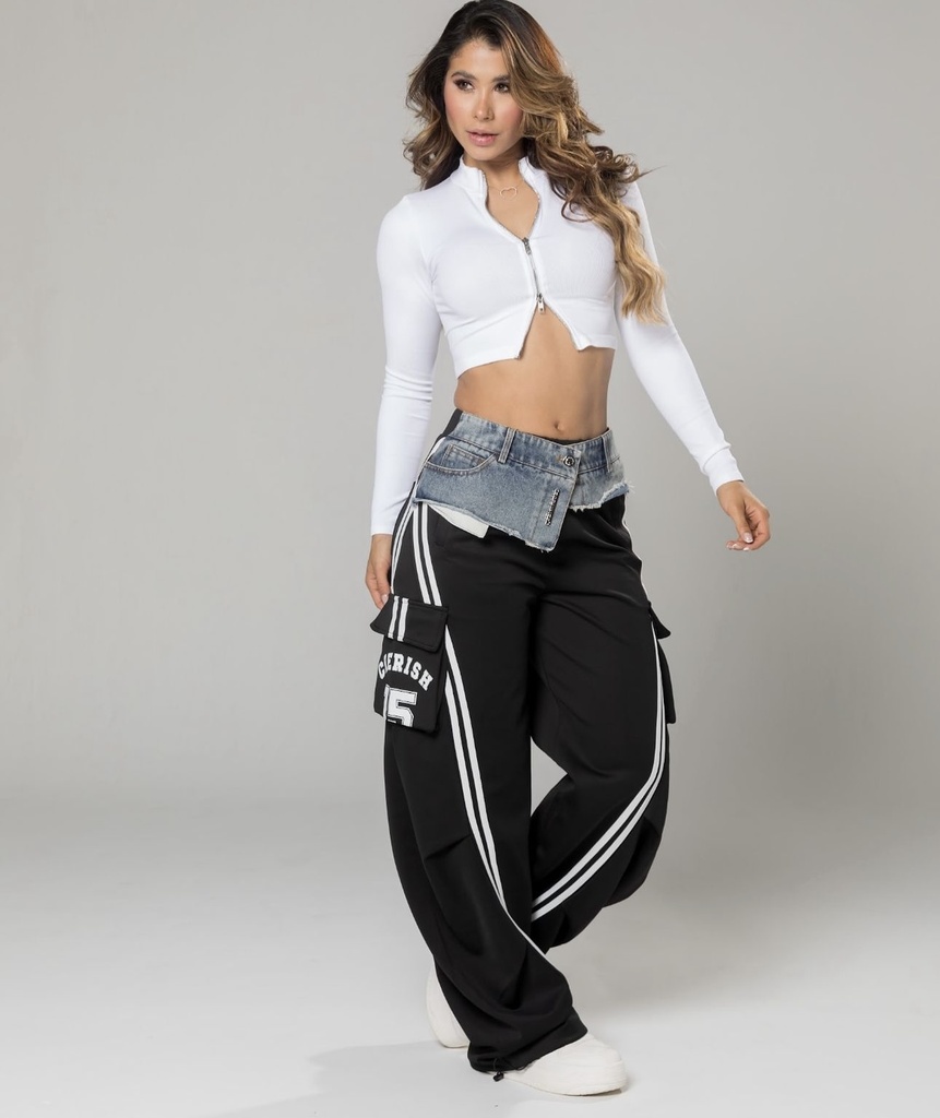 PANTALON BOMBACHO ALTO DE CINTURA CON MEZCLILLA