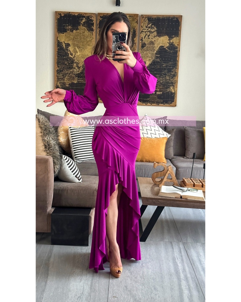 MAXIDRESS ASIMETRICO RUFFLES MANGA LARGA