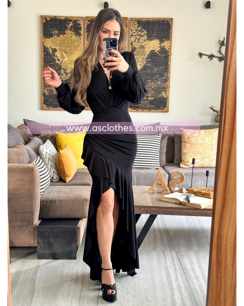 MAXIDRESS ASIMETRICO RUFFLES MANGA LARGA