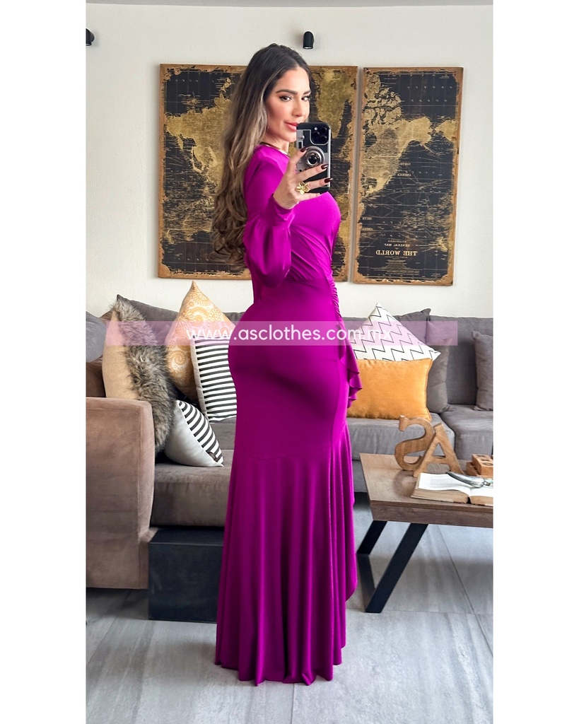 MAXIDRESS ASIMETRICO RUFFLES MANGA LARGA