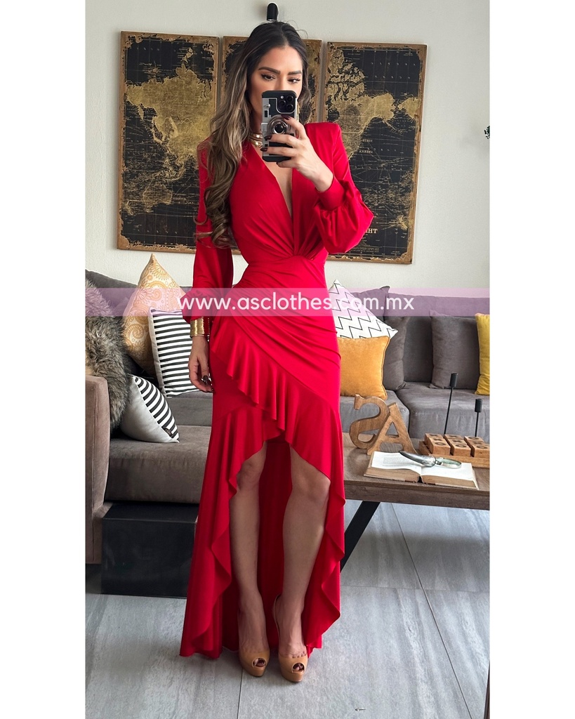 MAXIDRESS ASIMETRICO RUFFLES MANGA LARGA