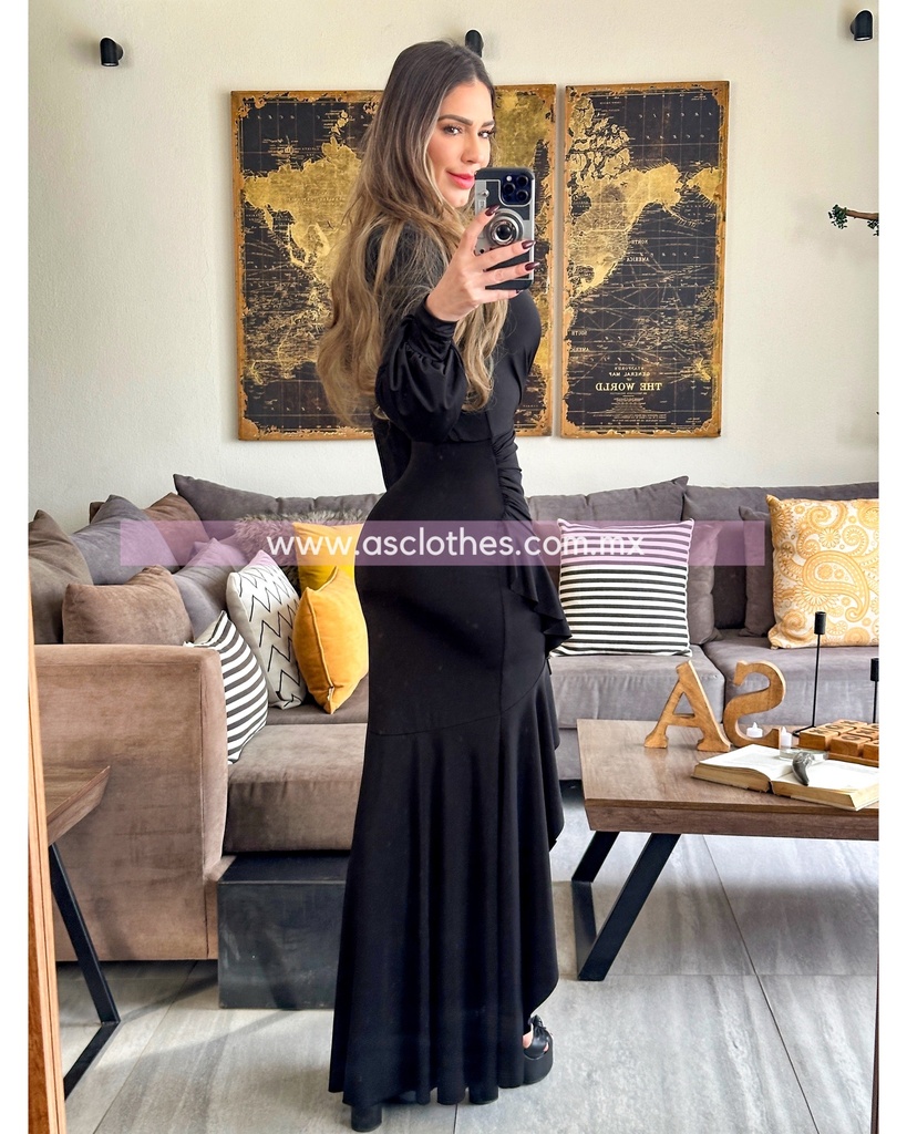 MAXIDRESS ASIMETRICO RUFFLES MANGA LARGA