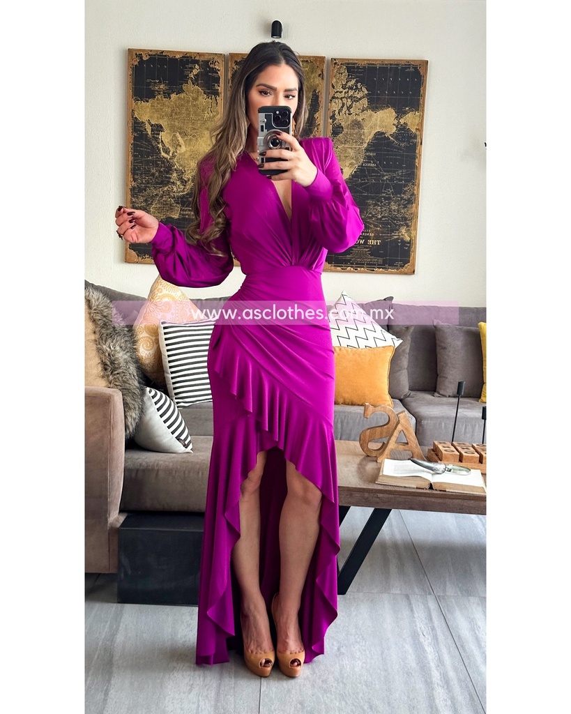 MAXIDRESS ASIMETRICO RUFFLES MANGA LARGA