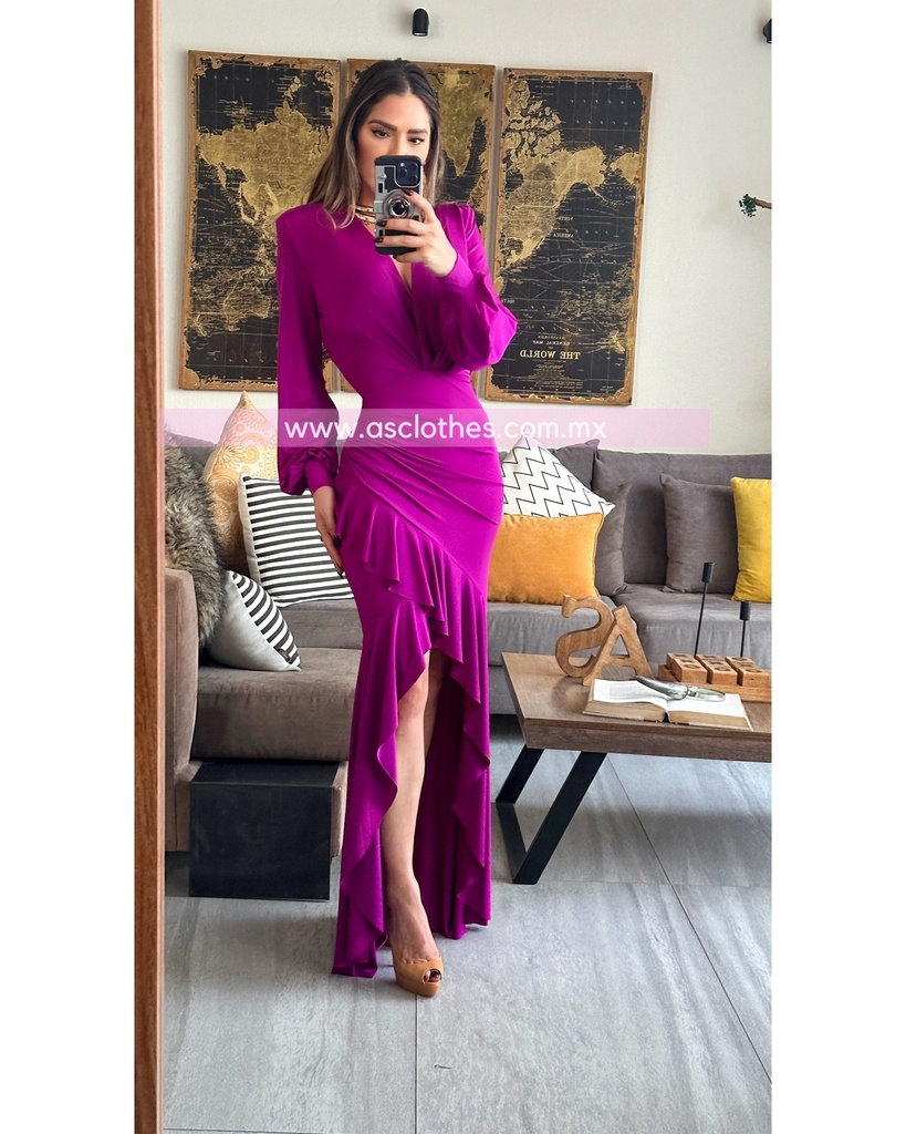 MAXIDRESS ASIMETRICO RUFFLES MANGA LARGA
