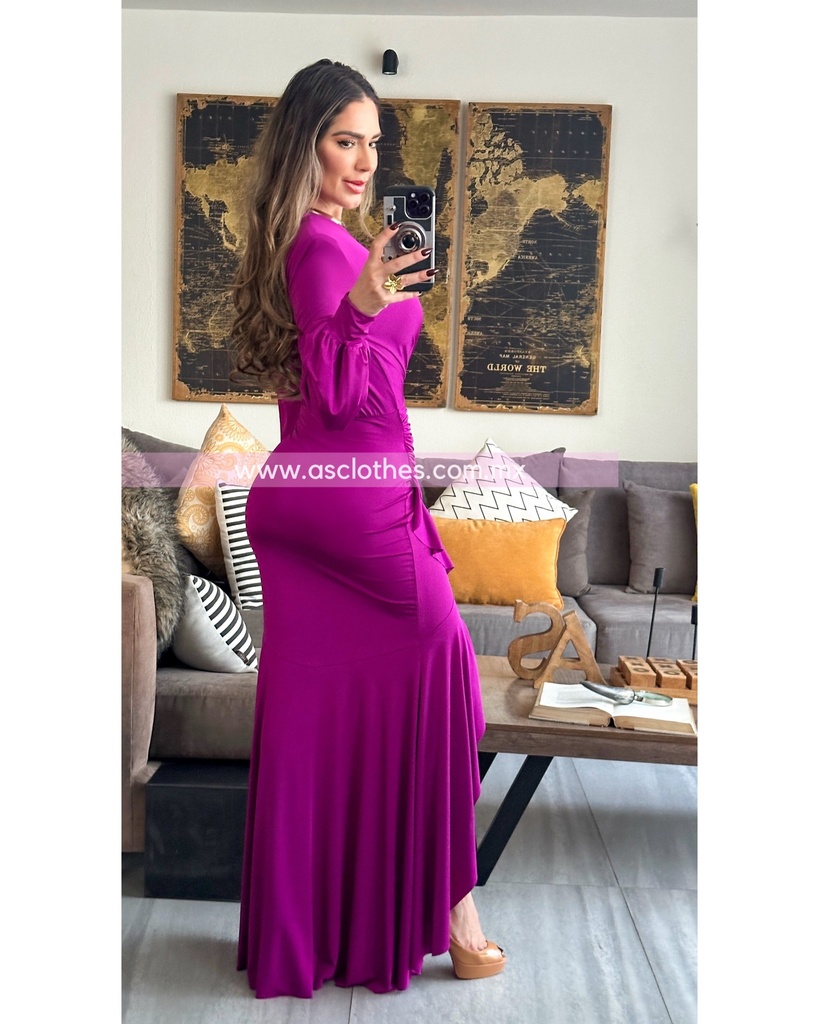 MAXIDRESS ASIMETRICO RUFFLES MANGA LARGA