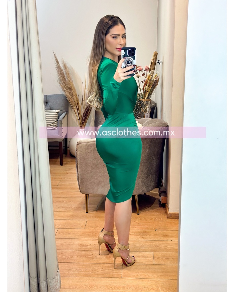 MIDI DRESS MANGA LARGA ESCOTE V DOBLADILLO AL FRENTE