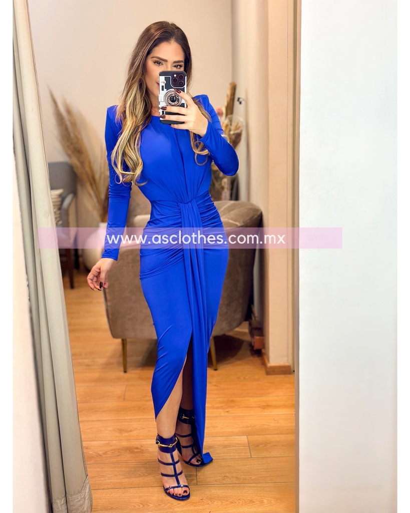 MAXI DRESS MANGA LARGA ESCOTE CERRADO CON TELA CRUZADA AL FRENTE
