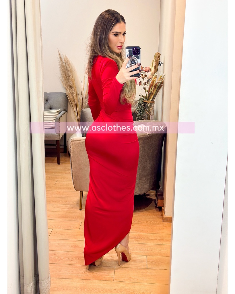 MAXI DRESS MANGA LARGA ESCOTE CERRADO CON TELA CRUZADA AL FRENTE