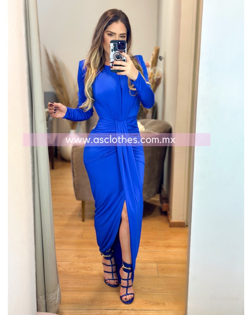 MAXI DRESS MANGA LARGA ESCOTE CERRADO CON TELA CRUZADA AL FRENTE