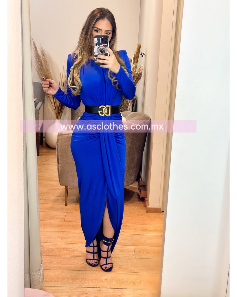 MAXI DRESS MANGA LARGA ESCOTE CERRADO CON TELA CRUZADA AL FRENTE