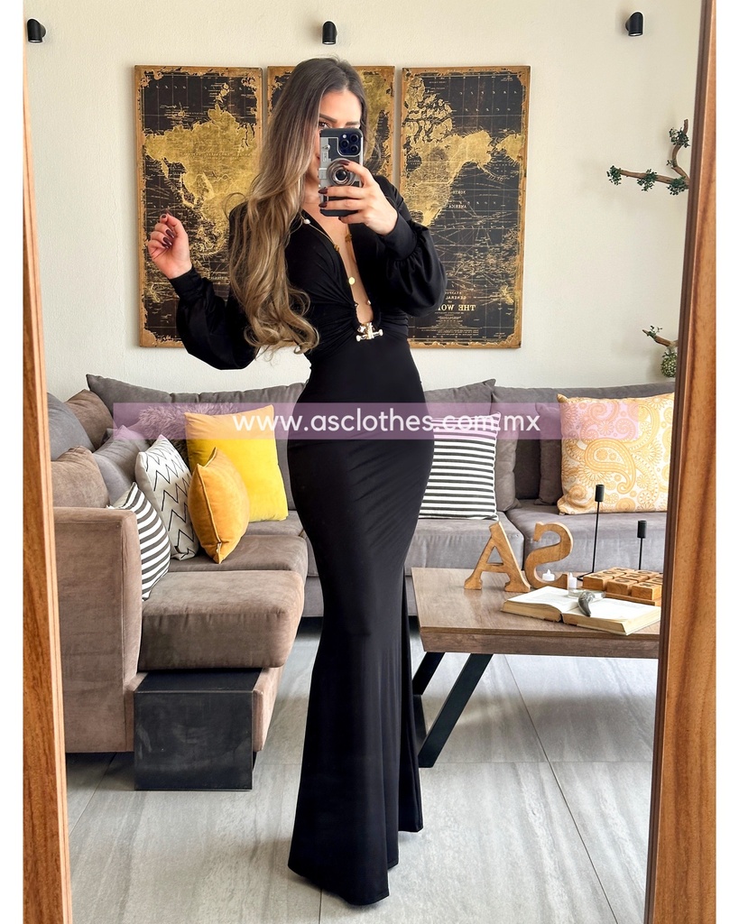 MAXI DRESS MANGA LARGA ESCOTE V CON ARGOLLA AL FRENTE