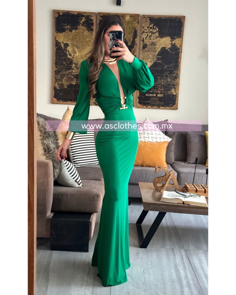 MAXI DRESS MANGA LARGA ESCOTE V CON ARGOLLA AL FRENTE