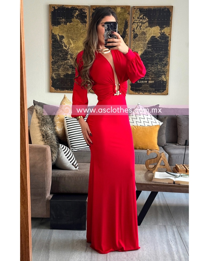 MAXI DRESS MANGA LARGA ESCOTE V CON ARGOLLA AL FRENTE