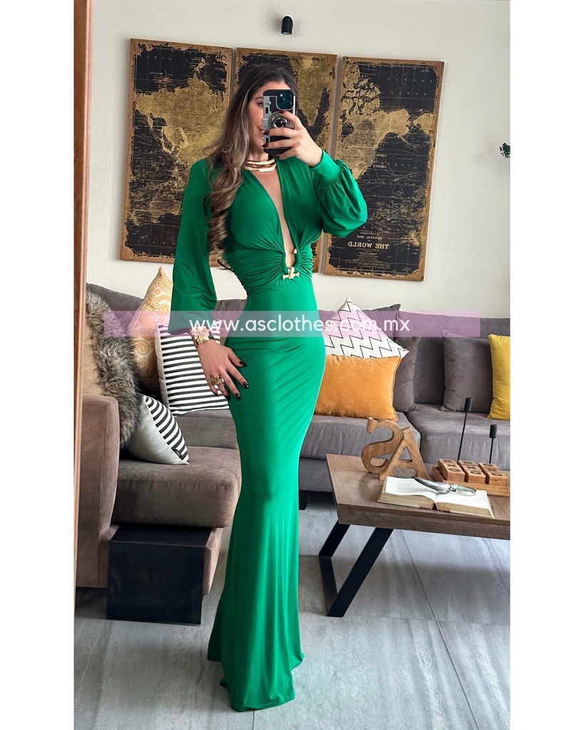 MAXI DRESS MANGA LARGA ESCOTE V CON ARGOLLA AL FRENTE
