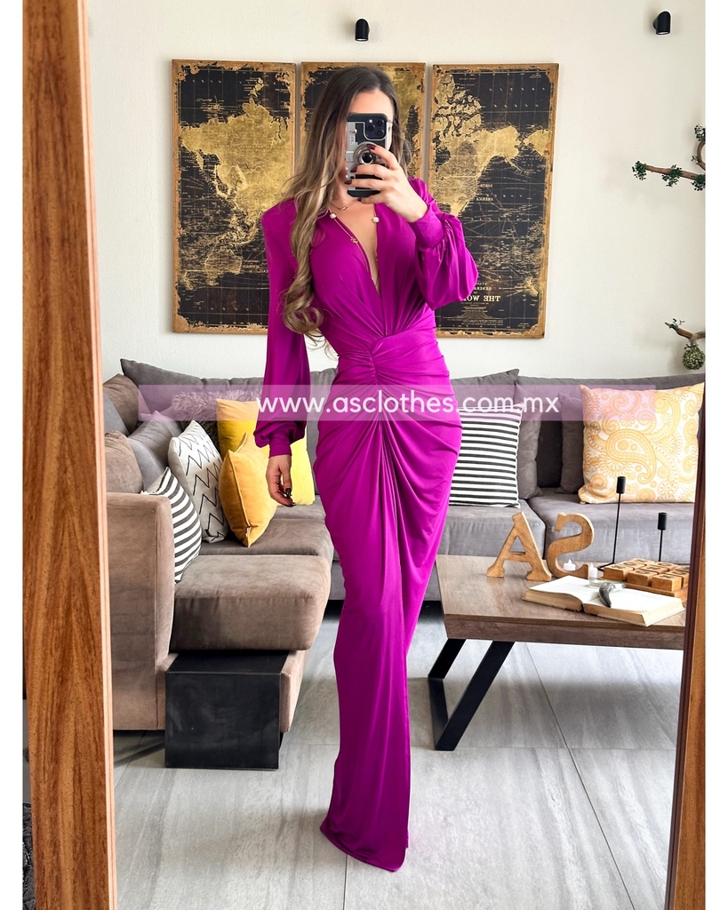 MAXI DRESS MANGA LARGA ESCOTE V DRAPEADO AL FRENTE