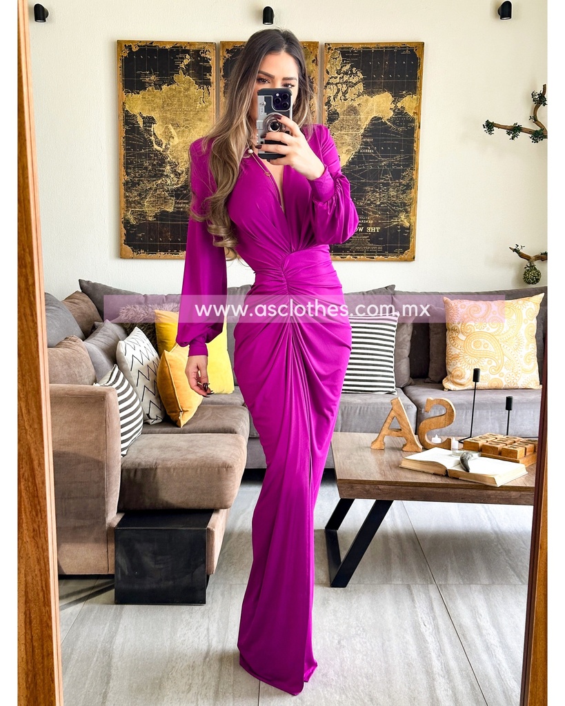 MAXI DRESS MANGA LARGA ESCOTE V DRAPEADO AL FRENTE