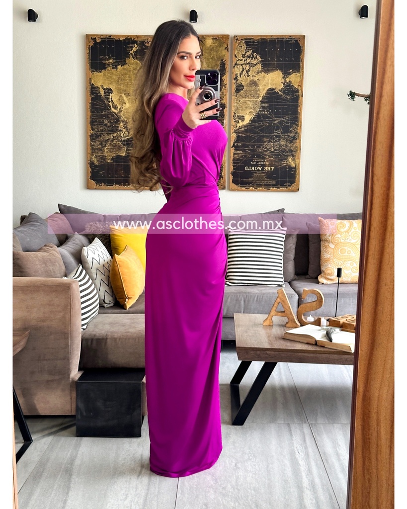MAXI DRESS MANGA LARGA ESCOTE V DRAPEADO AL FRENTE
