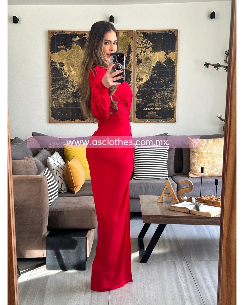 MAXI DRESS MANGA LARGA ESCOTE V DRAPEADO AL FRENTE
