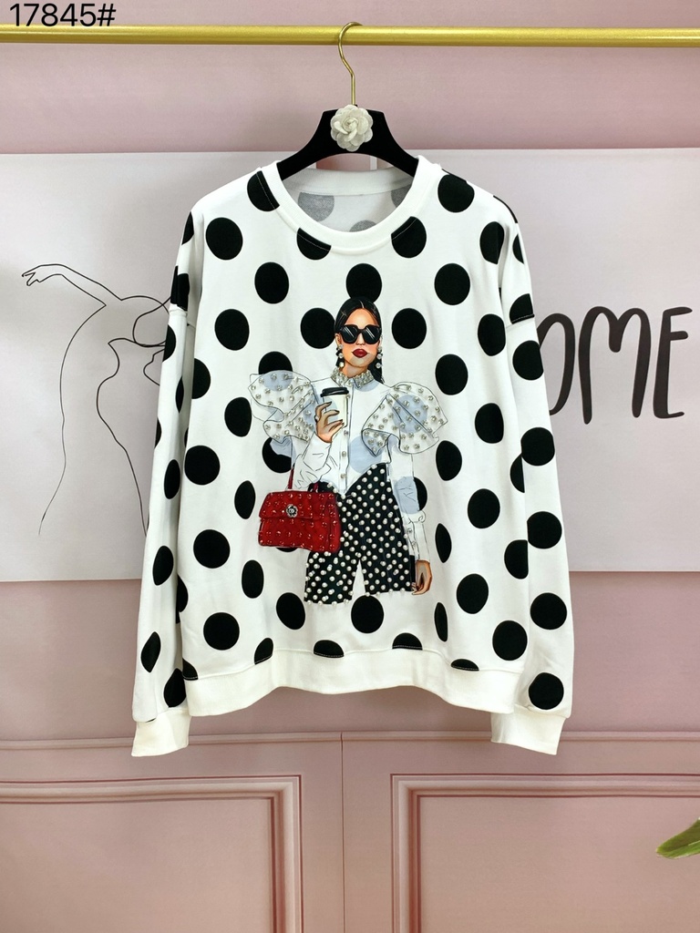 SUDADERA LUNARES NEGROS MONA CON BOLSA PERLAS Y PEDRERIA
