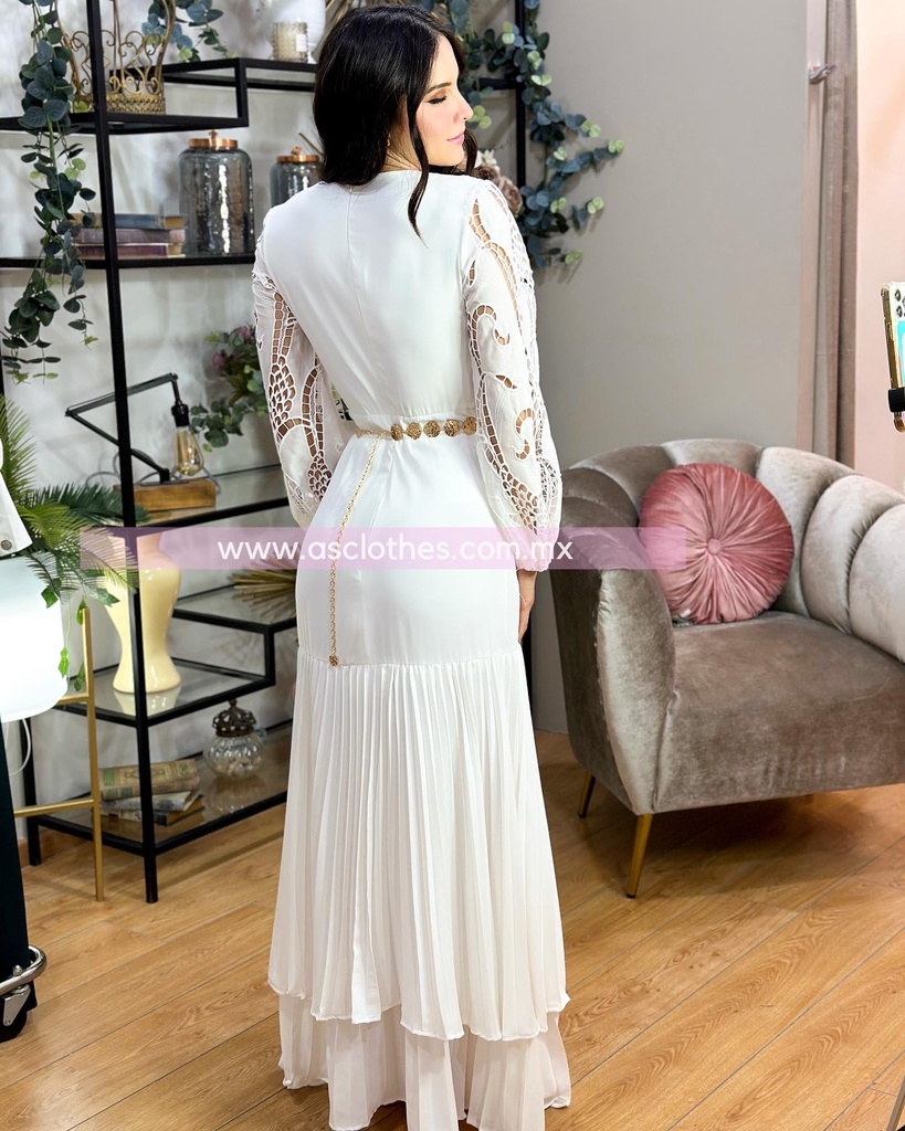 MAXI DRESS TABLONES CON CINTO Y ENCAJE EN MANGAS