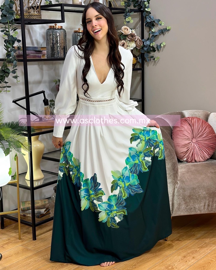 MAXI DRESS ENCAJE CINTURA CONMBINADO COLOR