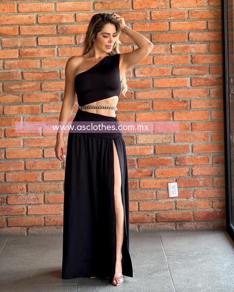 MAXI DRESS OPEN WAIST UN HOMBRO CON CADENA CINTURA