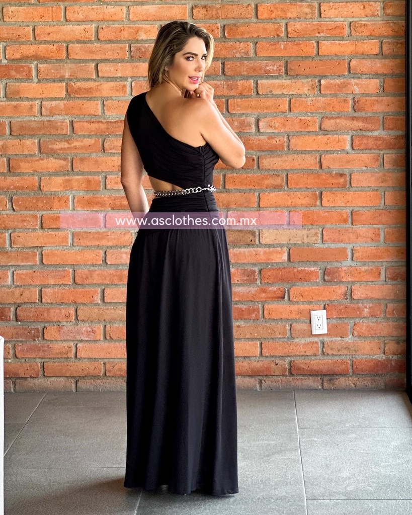 MAXI DRESS OPEN WAIST UN HOMBRO CON CADENA CINTURA