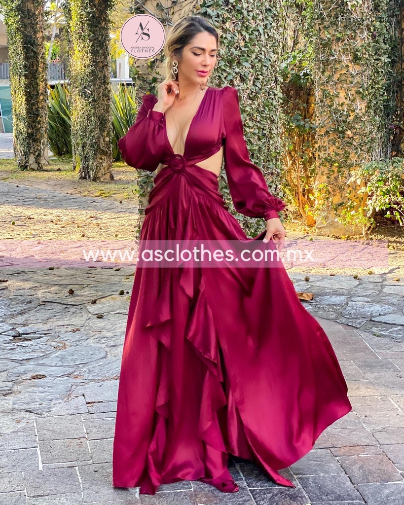 MAXI DRESS OPEN WAIST MANGA LARGA SATINADO