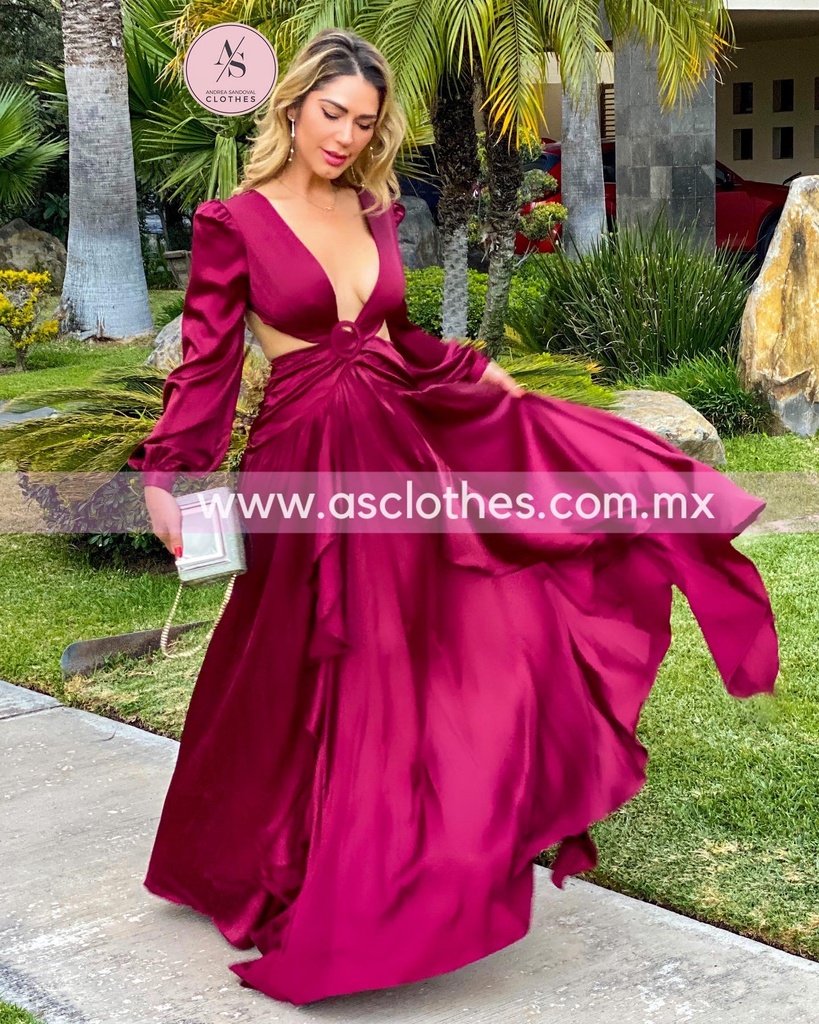 MAXI DRESS OPEN WAIST MANGA LARGA SATINADO