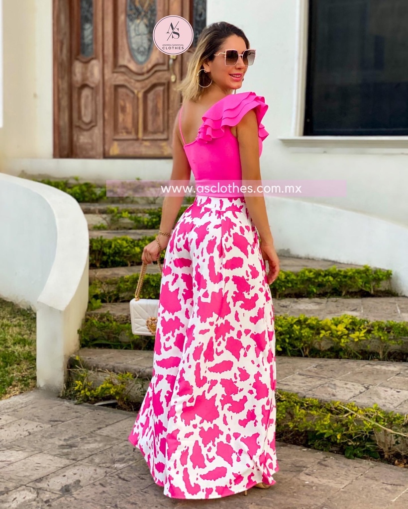 PANTALON PATA ELEFANTE MANCHAS ROSAS