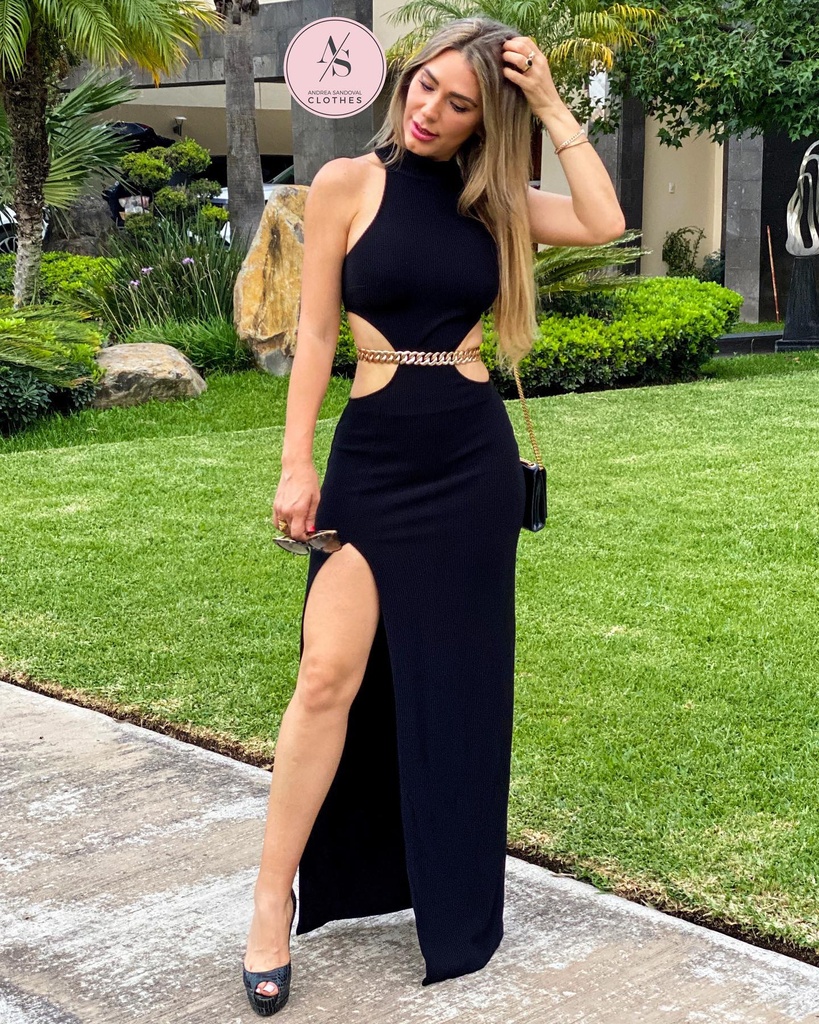 VESTIDO LARGO CADENA CINTURA 