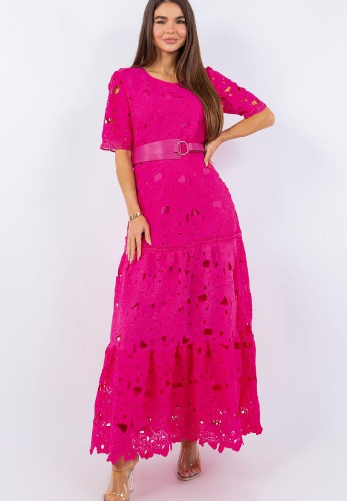MAXI DRESS MANGA CORTE A  ENCAJE  CON CINTO