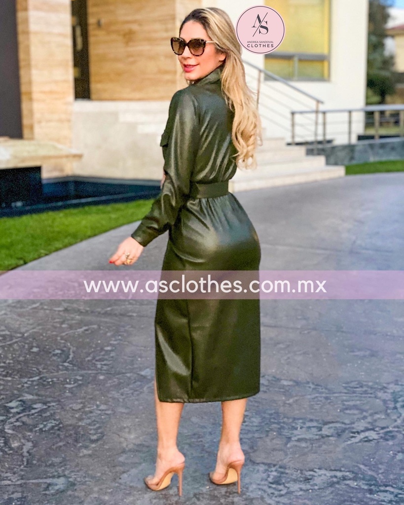 VESTIDO MIDI TIPO PIEL CON CINTO