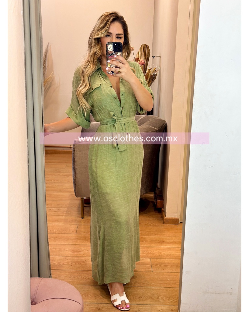 VESTIDO MANGA CORTA CON BOTONES Y CINTO TIPO LINO